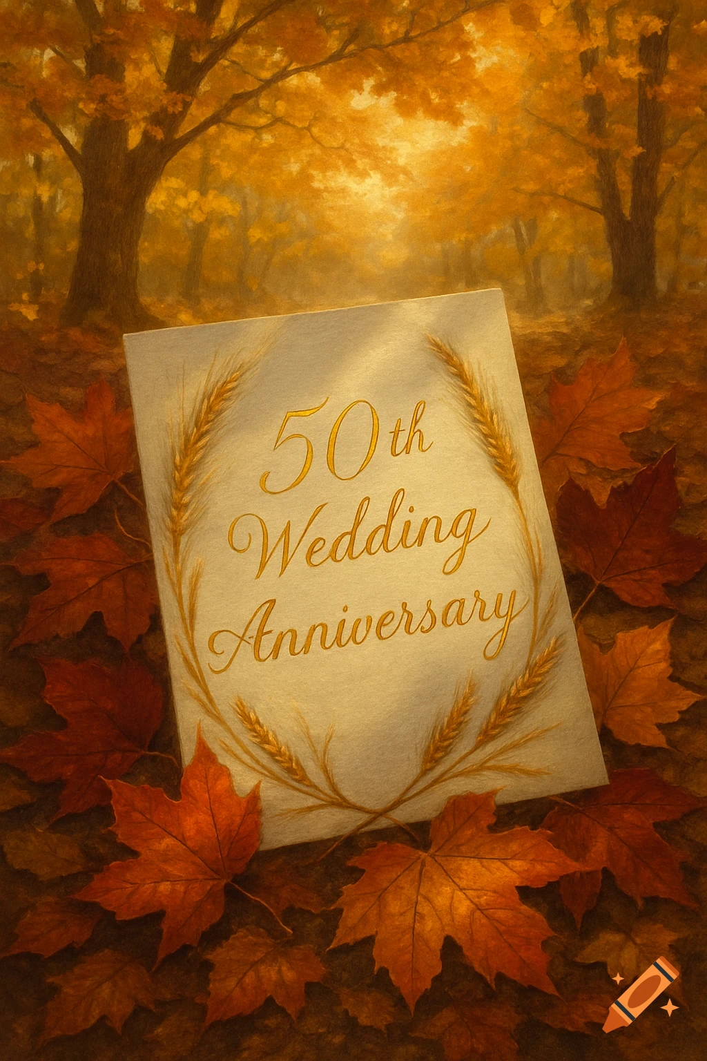 A '50th Wedding Anniversary' card lies on a bed of fall leaves in a sunlit autumn forest, in a painterly style.