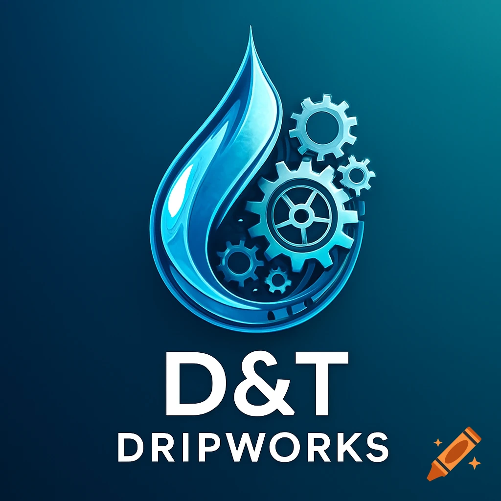 A logo featuring a shiny blue water drop with silver gears inside, above the text 'D&T DRIPWORKS'.