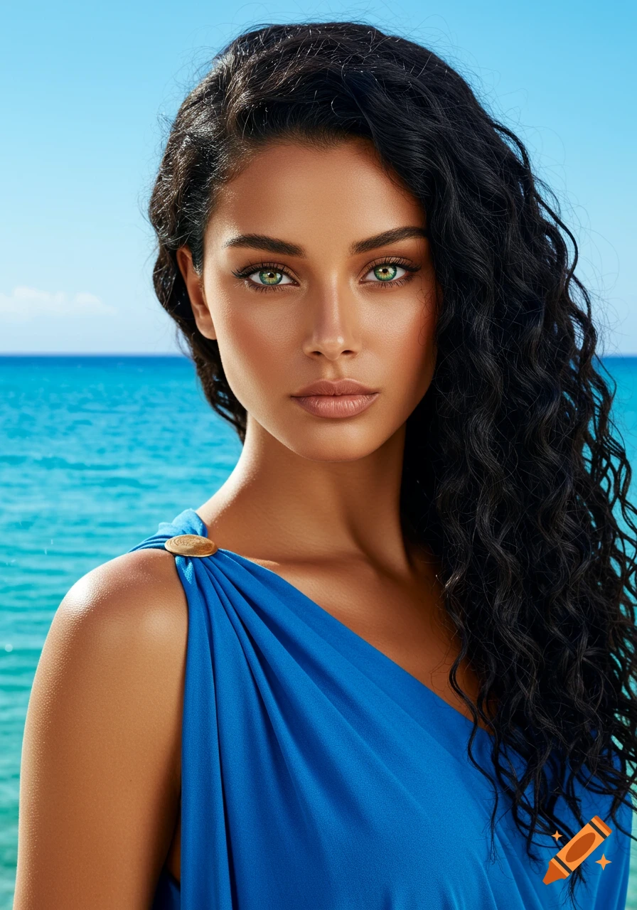 Photorealistic portrait of a beautiful woman with tan skin, green eyes, and long curly black hair in a blue chiton by the ocean.