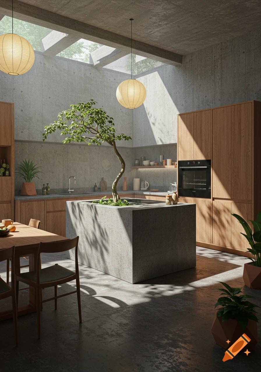 Photorealistic modern kitchen blending Japanese and brutalist styles, featuring concrete walls, wooden cabinets, and a tree growing from the island, lit by skylight.