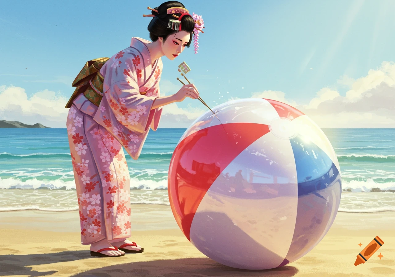 A Japanese woman in a pink kimono with floral patterns uses chopsticks to poke a large red, white, and blue beach ball on a sunny beach.
