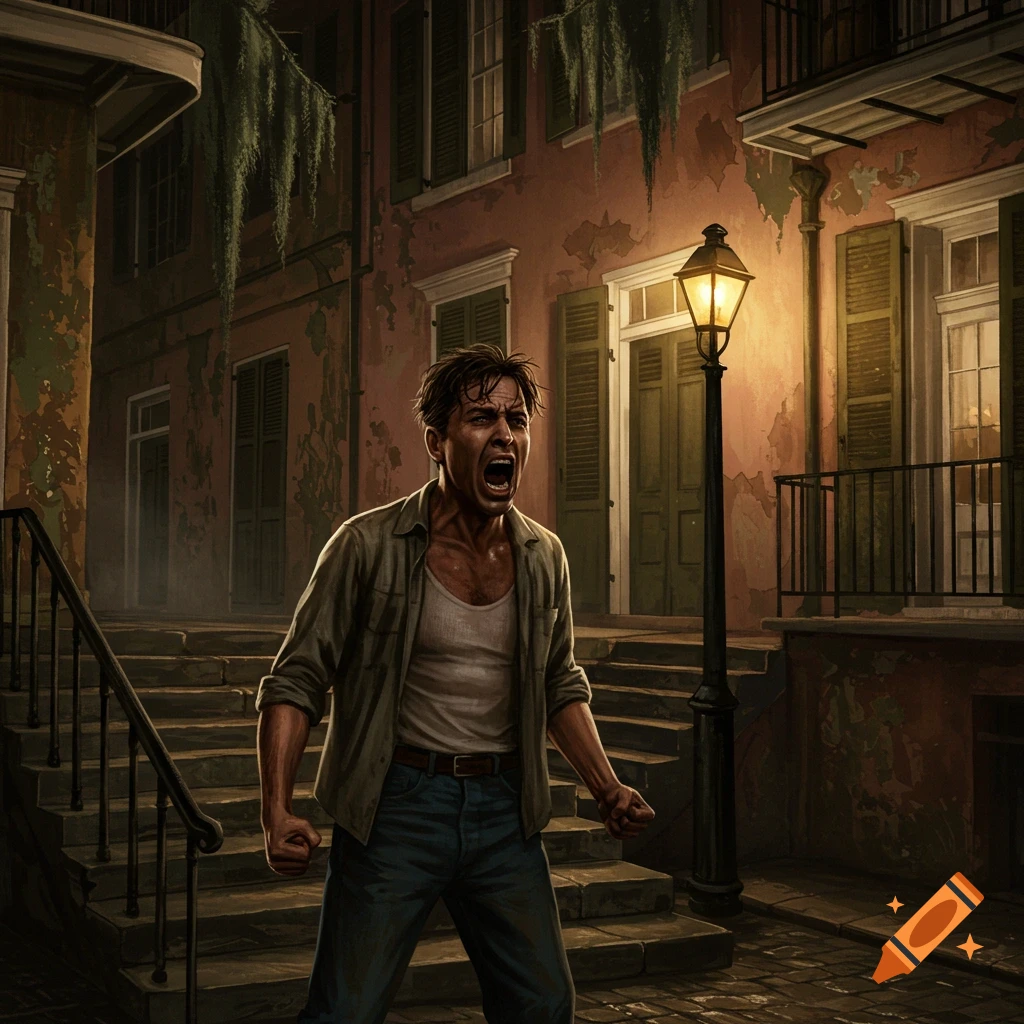 A distressed man with an open mouth screams on a dimly lit old city street with a lamppost and buildings.