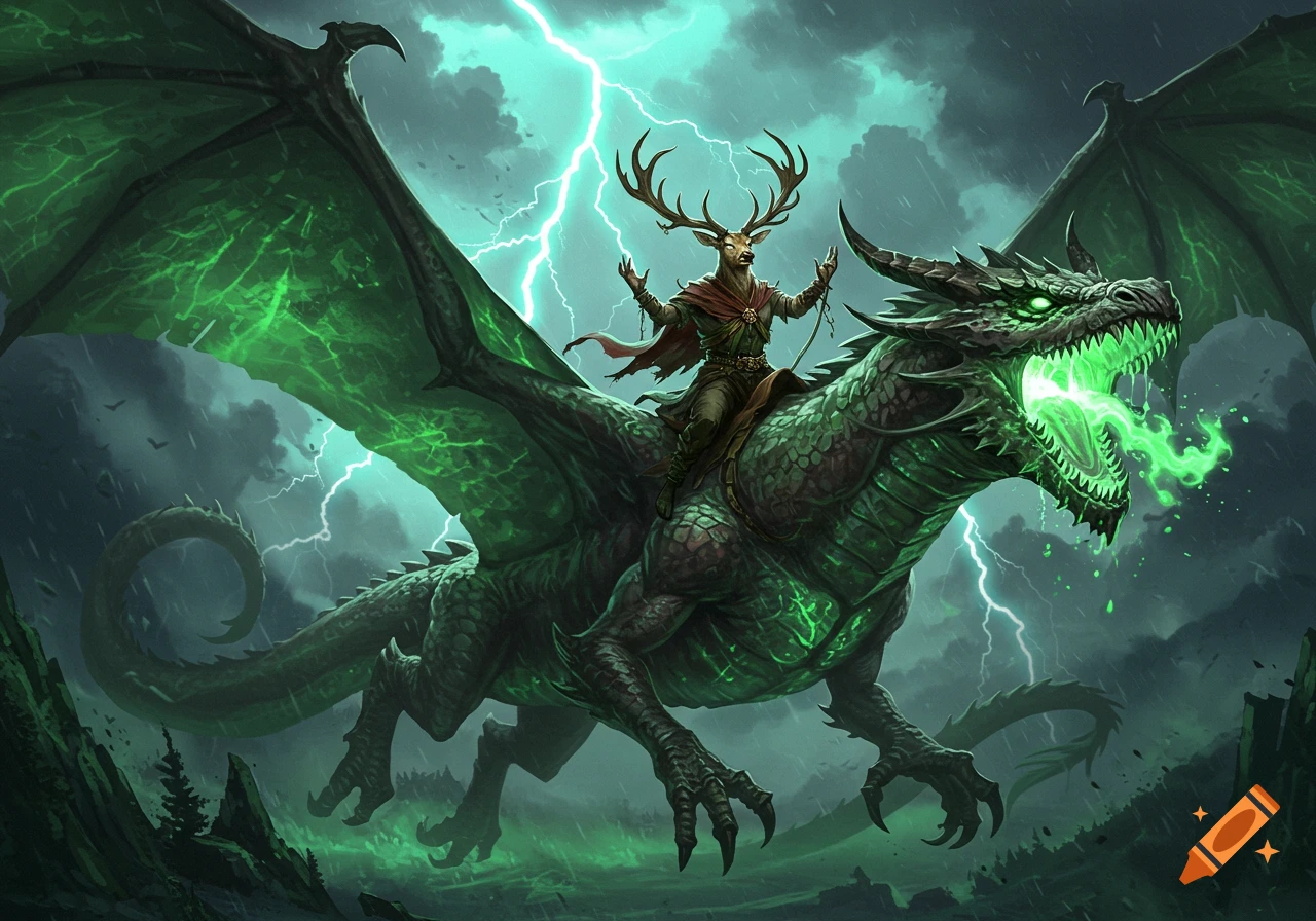 A deer-headed man with antlers rides a large, green dragon breathing glowing acid through a stormy, lightning-filled sky in a fantasy illustration.