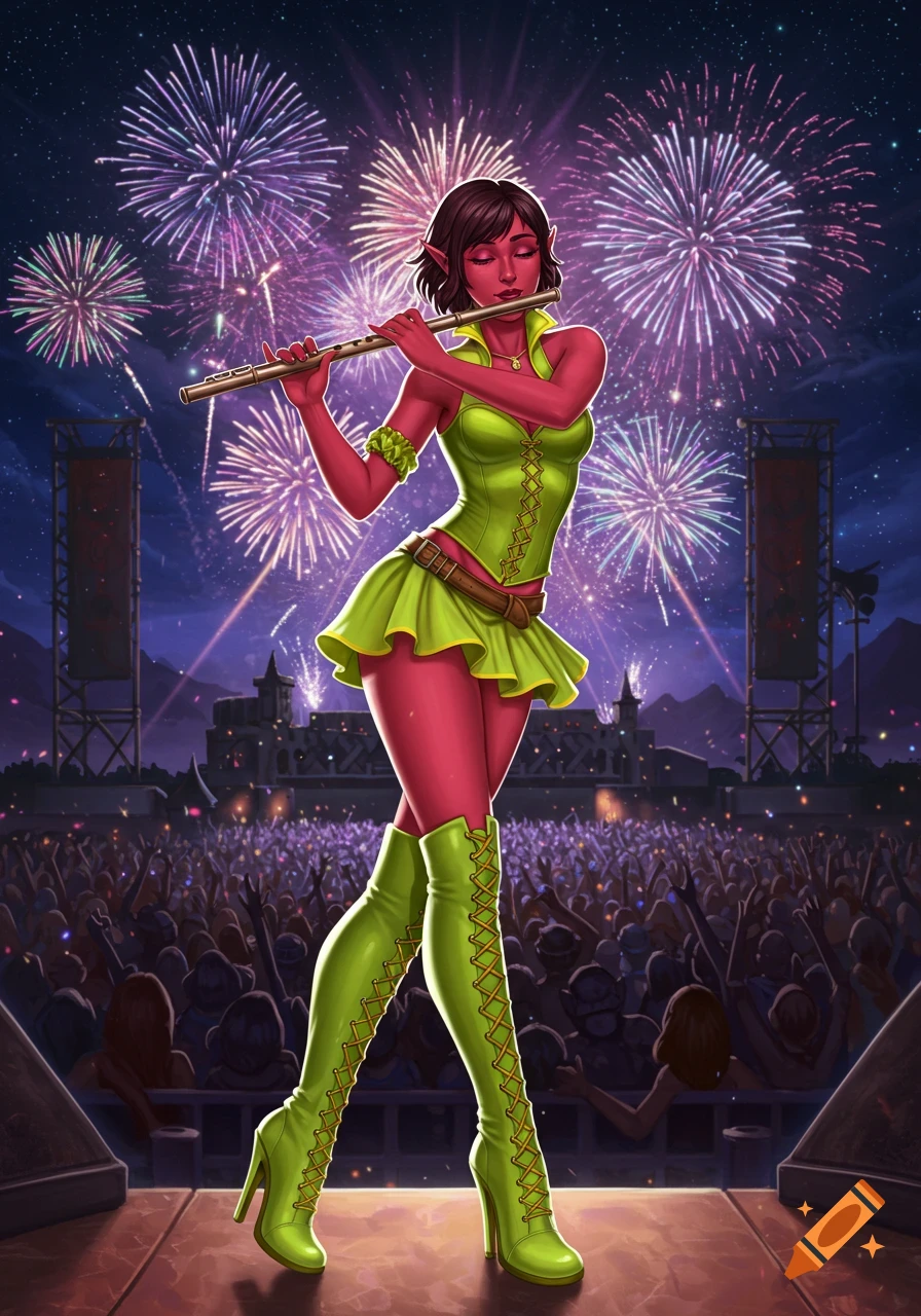 A red-skinned elf woman in a lime green outfit plays a flute on stage for a cheering crowd, with vibrant fireworks in the night sky. DnD art style.