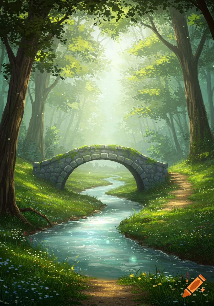 A stone bridge arches over a winding stream in a lush, sunlit fantasy forest with a path. Stylized illustration.