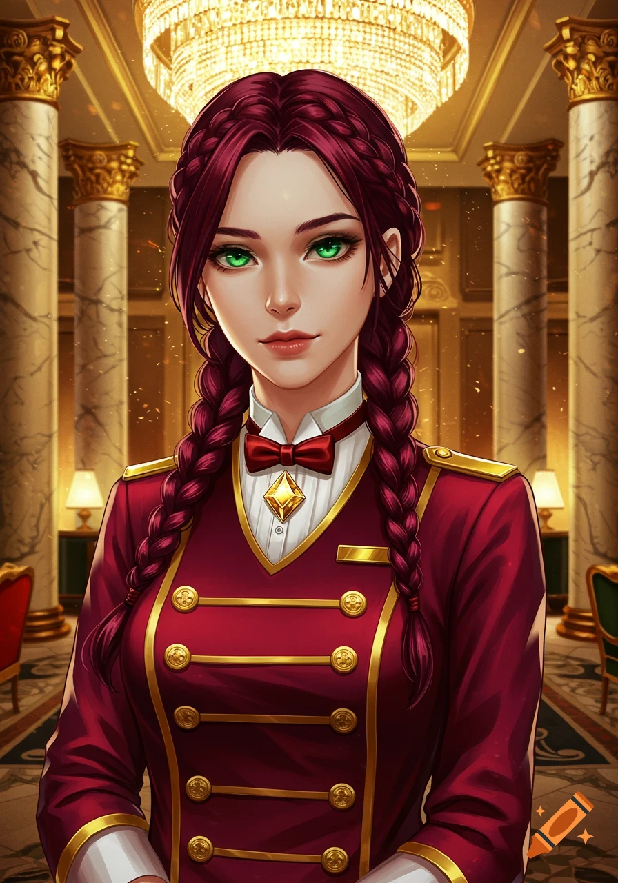 Anime woman with red braids and green eyes in a red and gold uniform, standing in a grand hall with pillars and a chandelier.