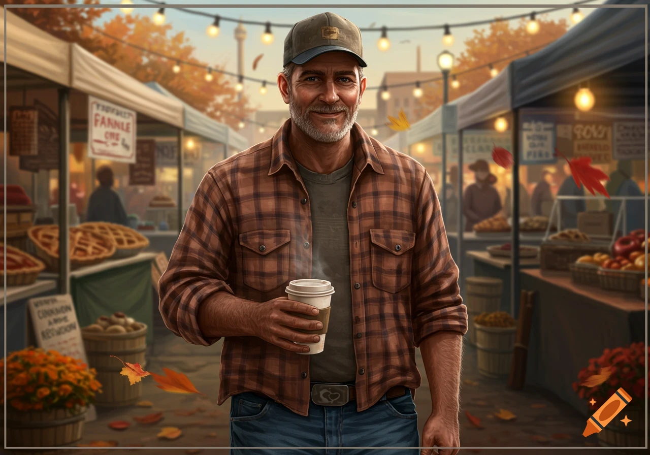 A smiling man in a plaid shirt and cap holds a coffee cup at a bustling outdoor autumn market with string lights and fall foliage.