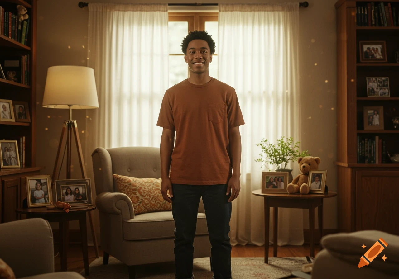 A young Black man with curly hair smiles at the camera while standing in a warmly lit living room.