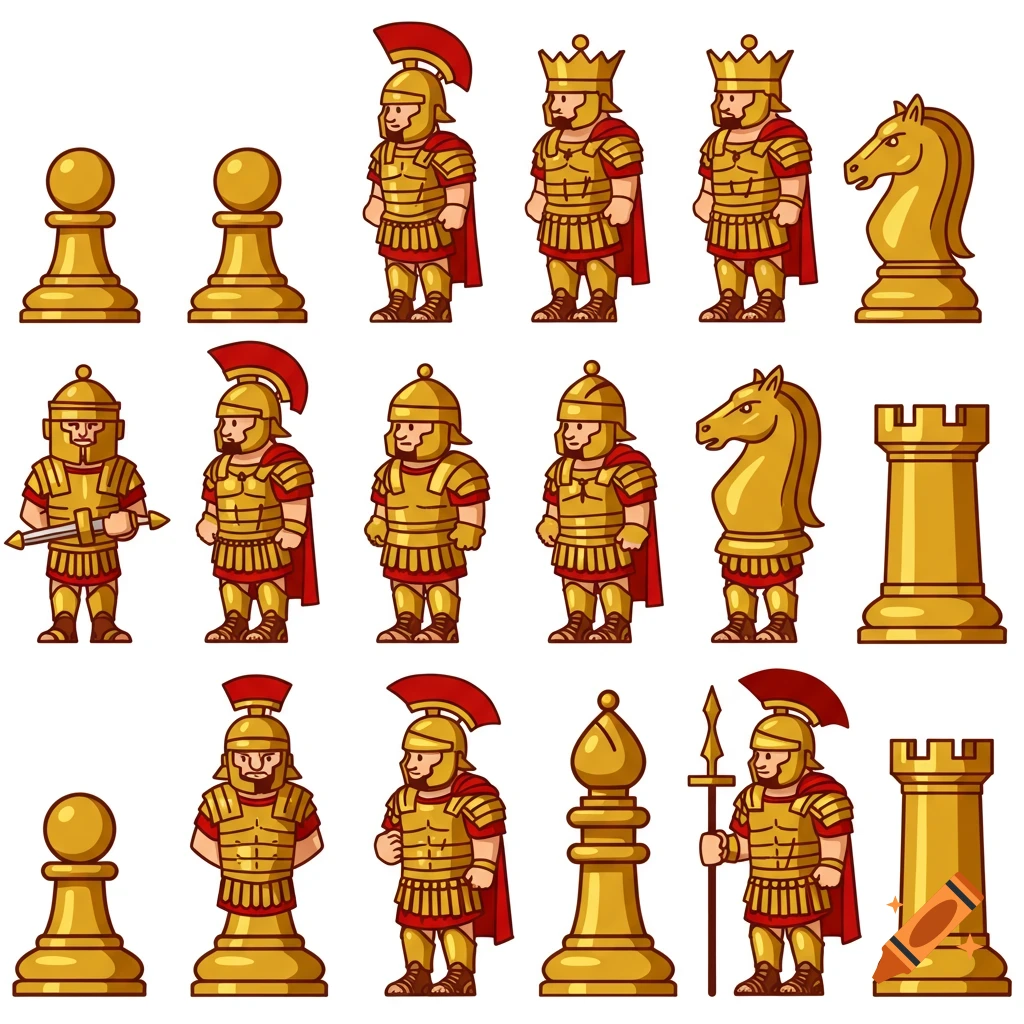 2D flat sprites of chess pieces depicting Roman warriors in gold and red, on a white background.