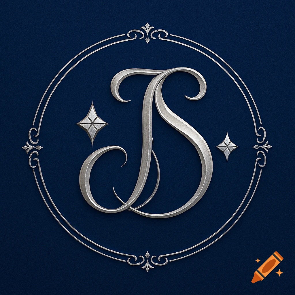 A silver, ornate monogram, possibly 'JS' or 'B', within an oval frame with decorative flourishes and stars on a dark blue background.