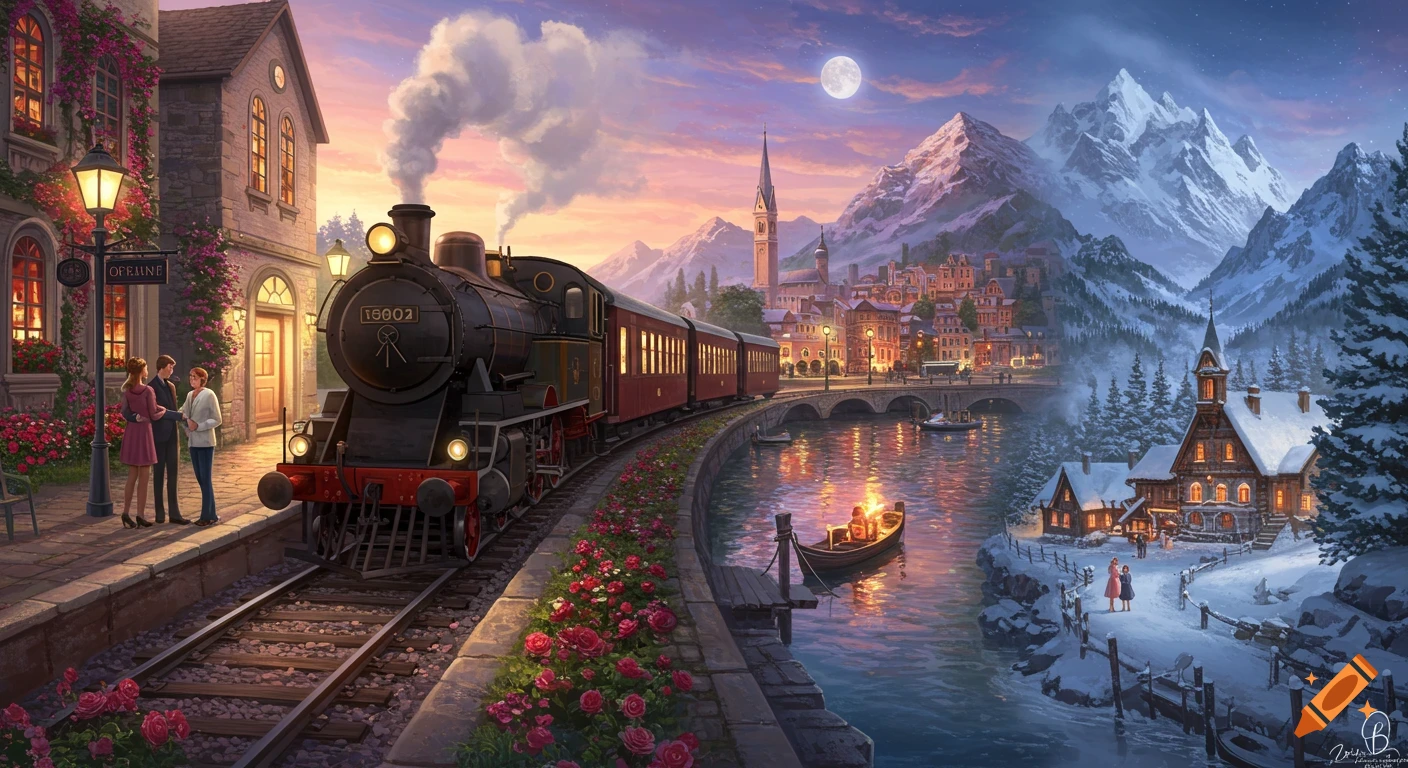 An idyllic painting of a steam train at a station platform with blooming roses. A couple stands nearby. A town, river, and mountains are in the background, transitioning from spring to snowy winter under a full moon.