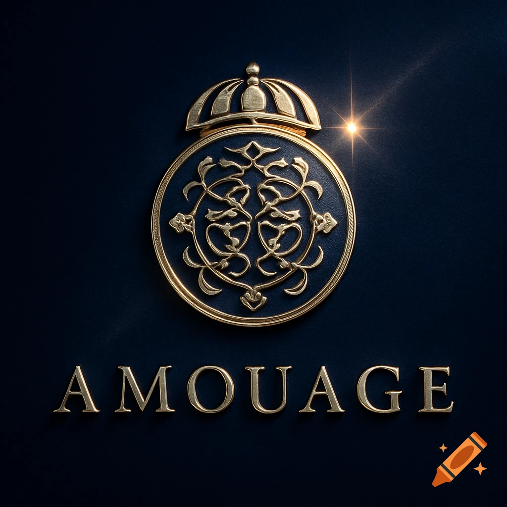 Golden Amouage logo with an ornate emblem above it, set against a dark blue background.