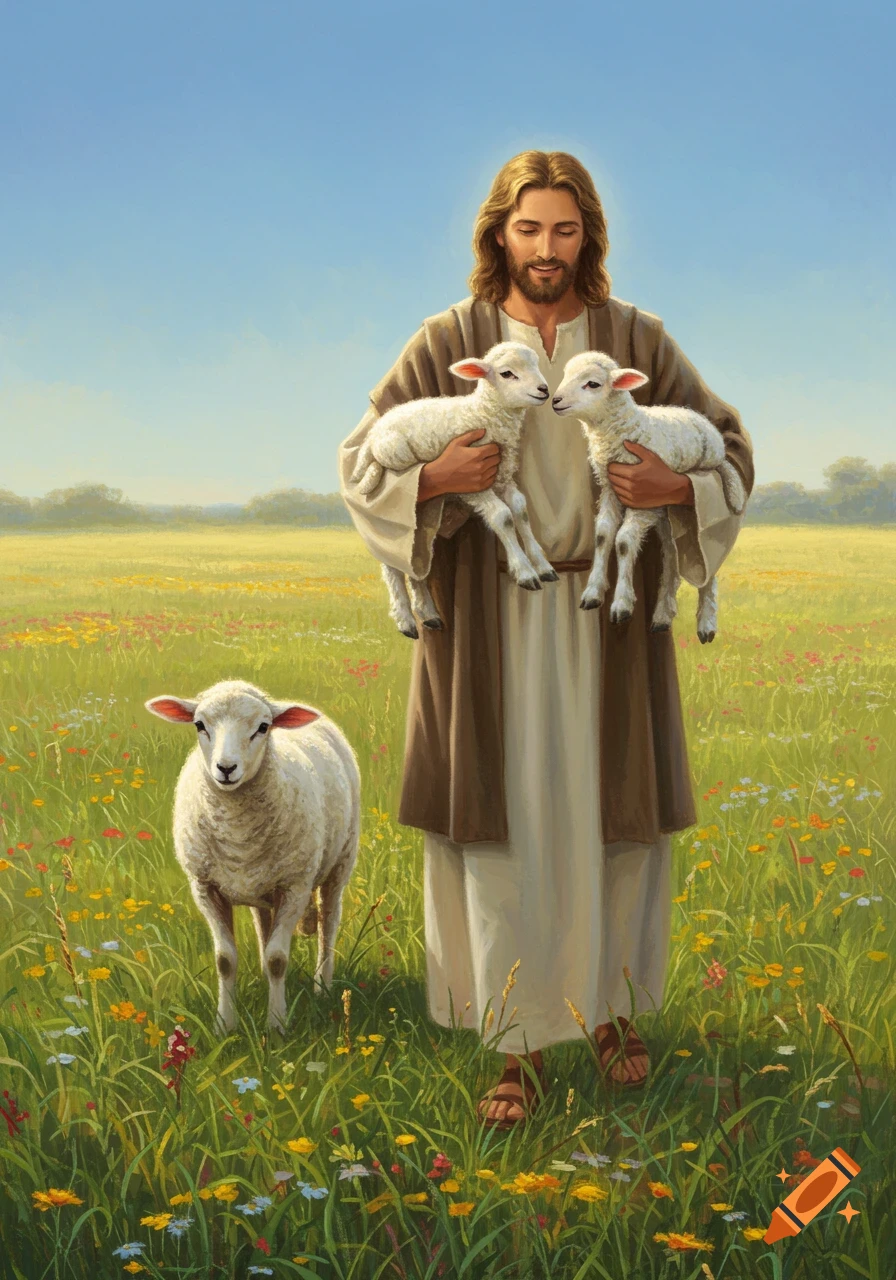 Jesus carrying two baby lambs, with another lamb walking in a vibrant wildflower field under a clear blue sky, in a painterly style.