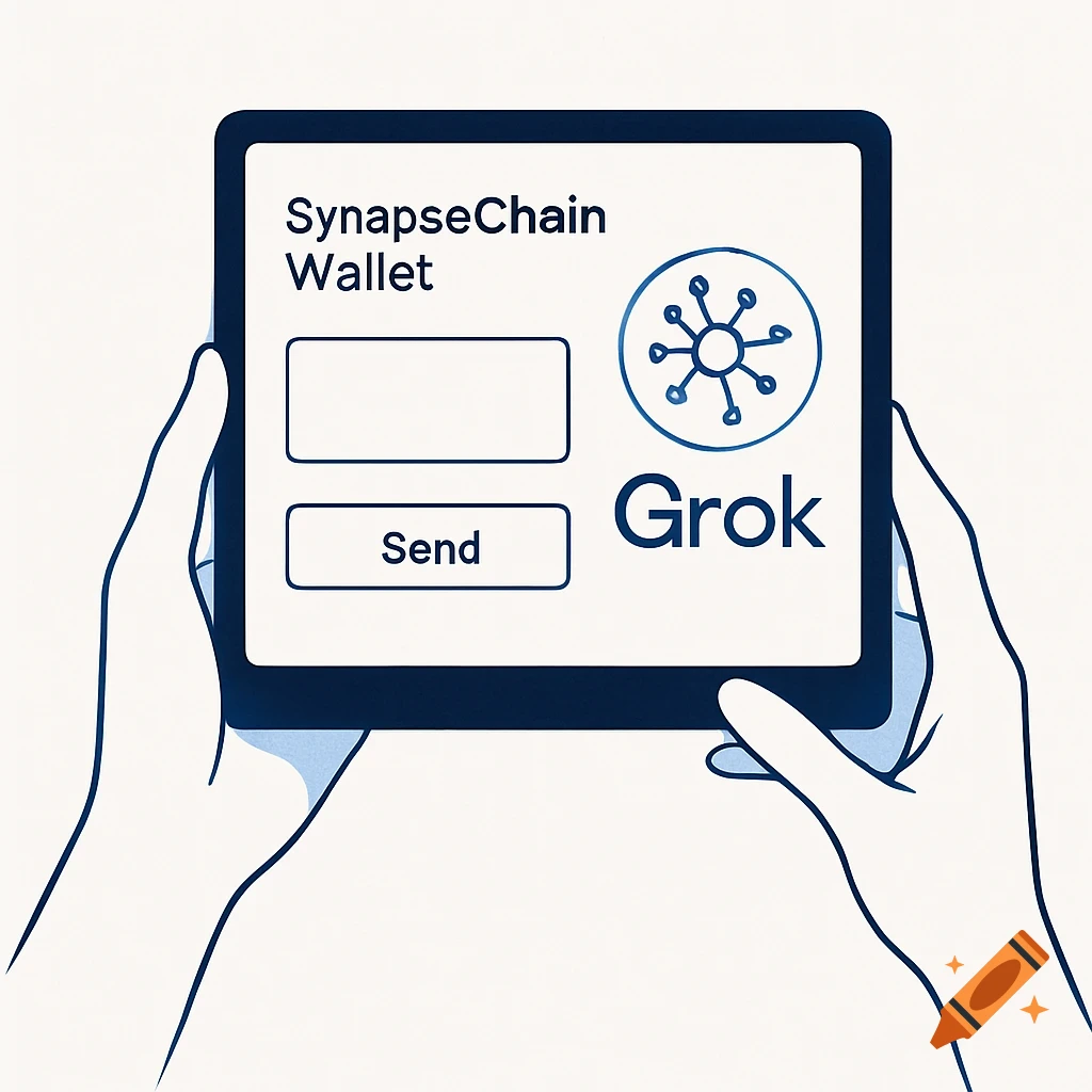 Minimalist digital art of hands holding a tablet displaying a SynapseChain Wallet interface with a Send button and Grok logo.