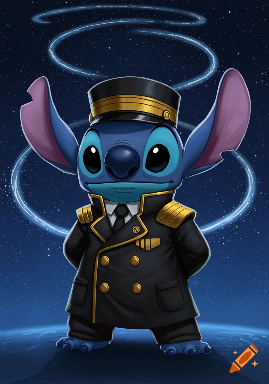 Stitch dressed as a space captain in a black and gold uniform with a hat, standing against a starry blue space background.