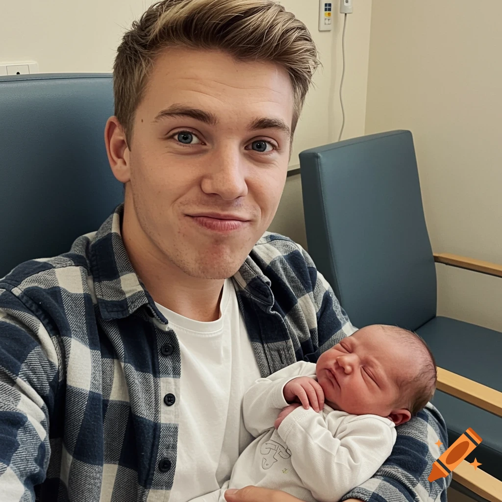 A handsome young man with blonde hair and blue eyes, wearing a plaid shirt, holds a sleeping newborn baby in a hospital chair. Photorealistic.