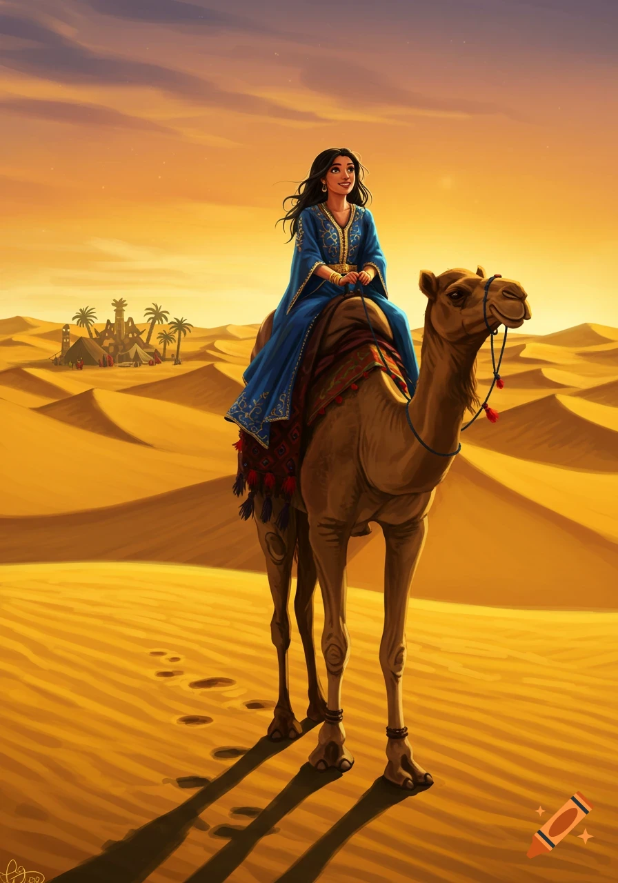 A smiling woman in a blue gown rides a camel across golden sand dunes toward a distant oasis under an orange sky, in an illustrative style.