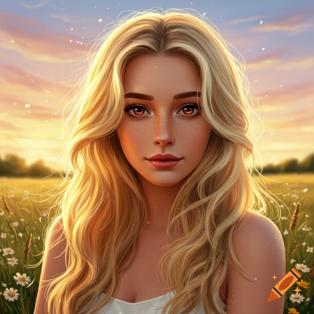 Digital painting of a beautiful blonde woman with long wavy hair and reddish-brown eyes in a field of wildflowers at sunset.