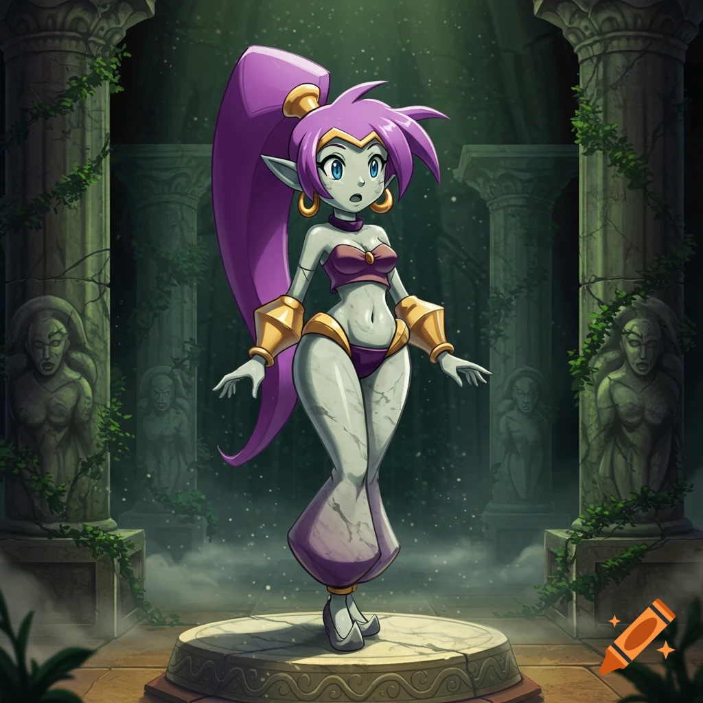 A Shantae-like character depicted as a surprised marble statue standing on a pedestal in ancient, overgrown ruins.