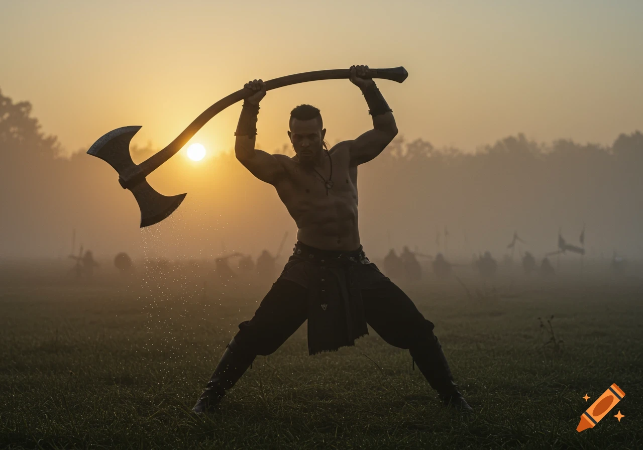 Shirtless warrior with a double-bladed axe raised overhead in a misty field at sunrise/sunset, with a blurred army in the background.