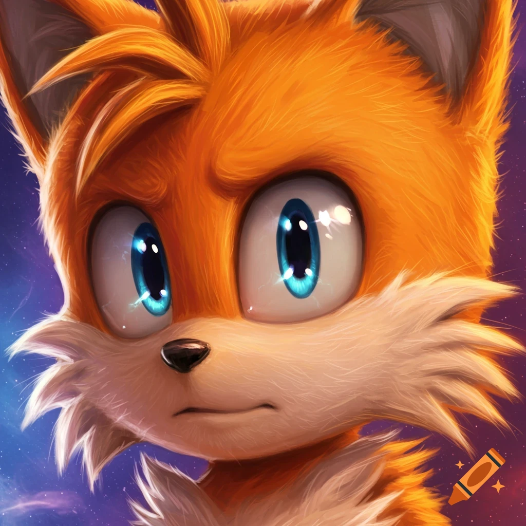 Extreme close-up of Miles 'Tails' Prower's head and shoulders with large blue eyes, rendered in a detailed furry style.