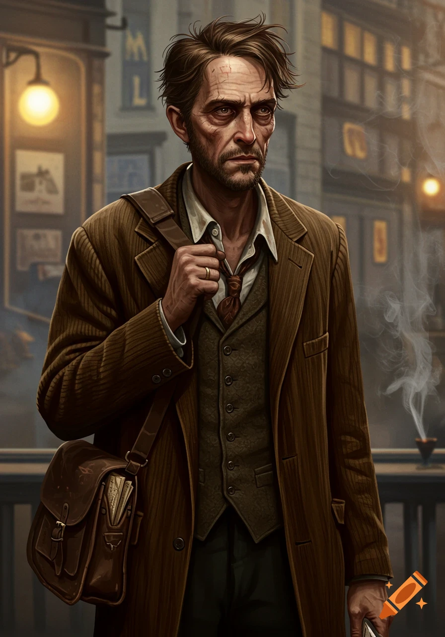 A weary-looking man with an unkempt beard and hair, wearing a brown coat and vest, carrying a leather satchel in a dimly lit city street.
