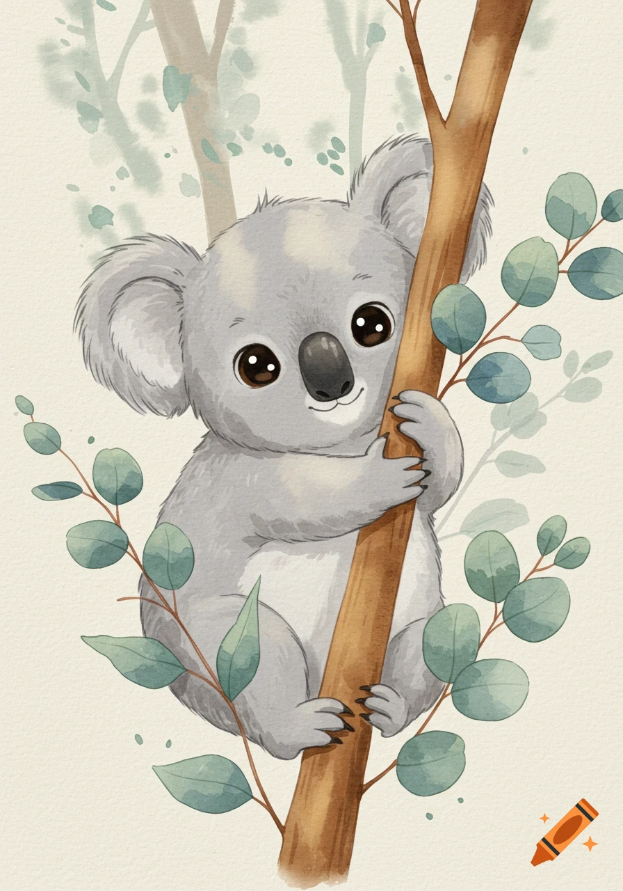 A cute watercolor illustration of a baby koala hugging a tree branch, surrounded by eucalyptus leaves.