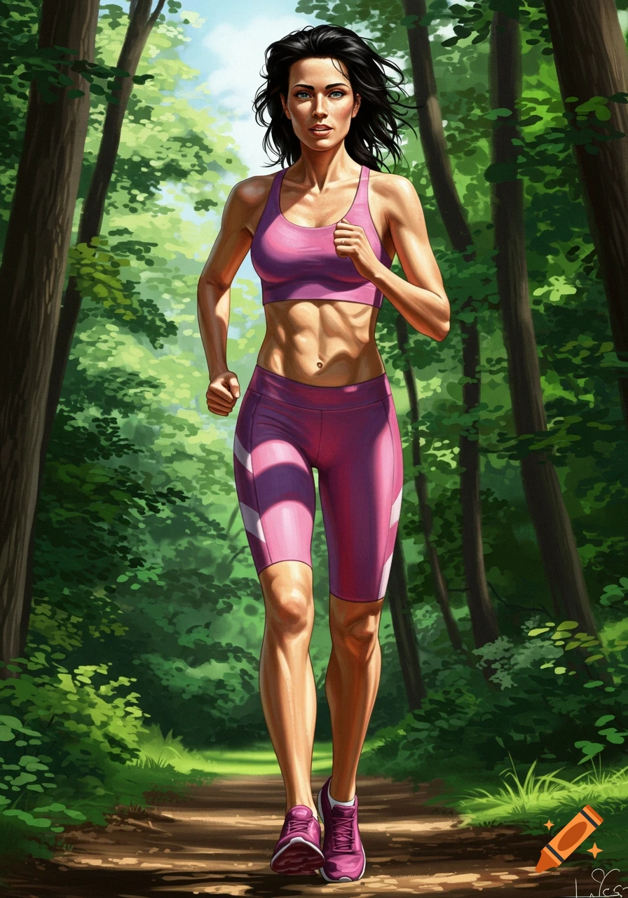 A fit woman in a pink sports bra and shorts jogs on a forest path, illustrated in a vibrant style.