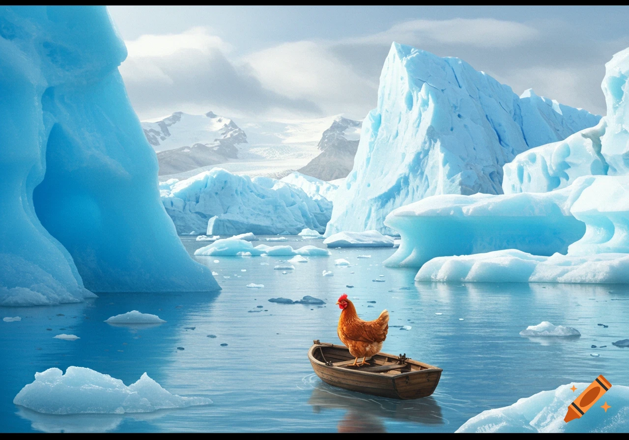 A brown hen stands in a small wooden rowboat on calm blue water, surrounded by towering icebergs and distant snowy mountains.