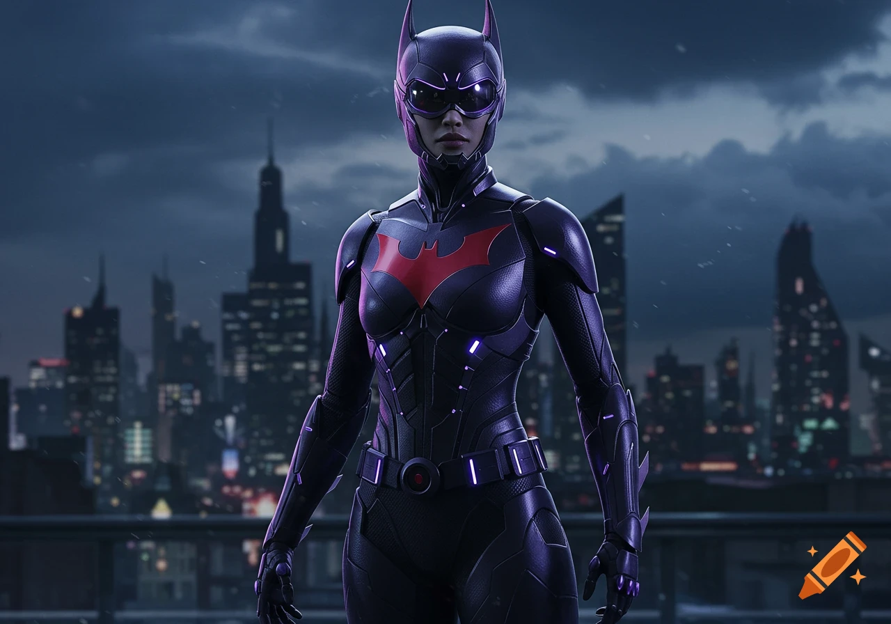 A female superhero in a dark purple armored suit with a red bat symbol stands on a city rooftop at night.