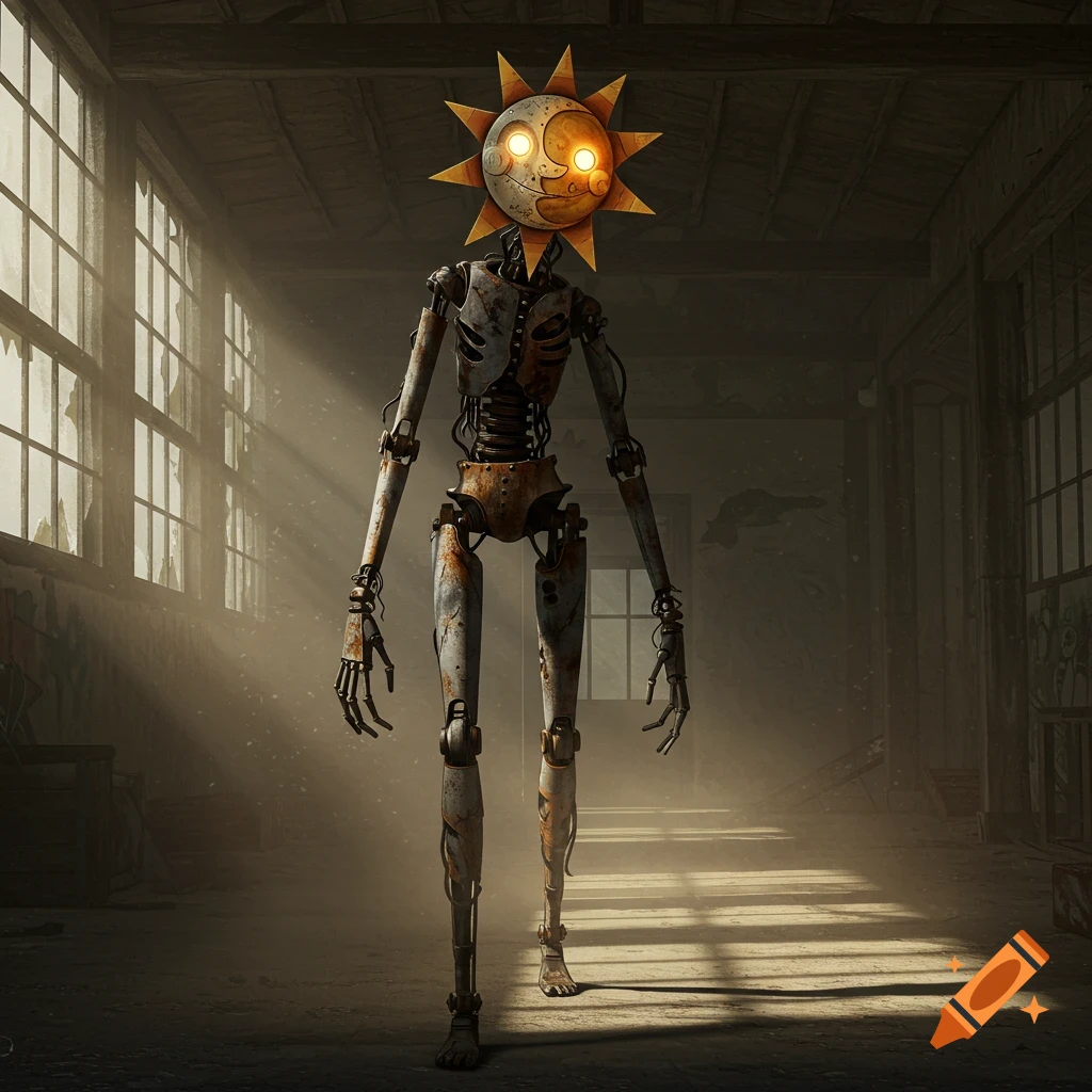 A tall, lanky, rusty humanoid robot with a sun-shaped head and glowing eyes stands in a dusty, abandoned room with large windows.