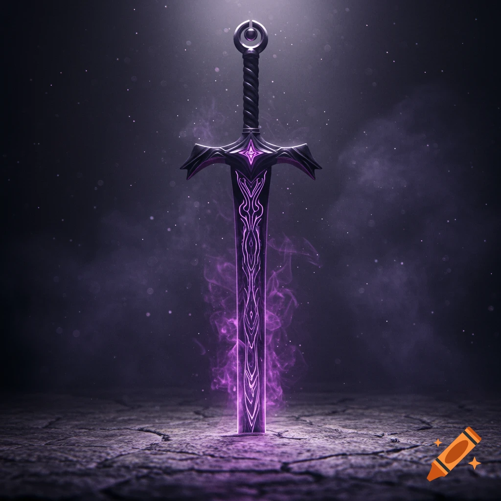 An ornate black and purple glowing sword with a stylized hilt stands upright on cracked ground, emanating purple smoke.