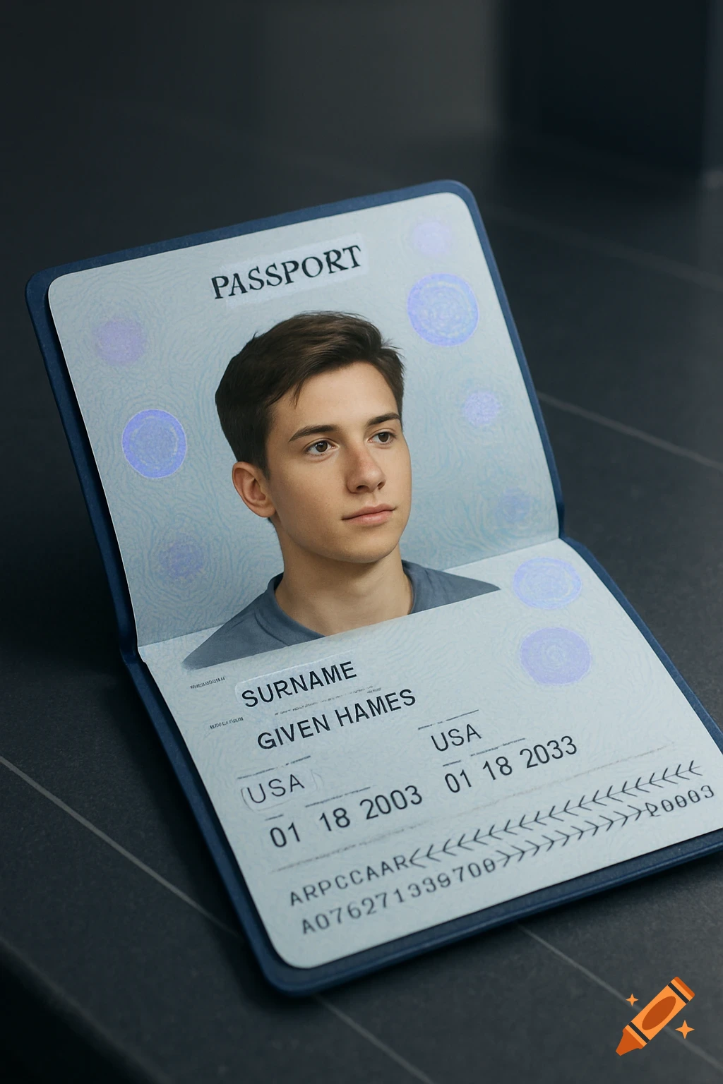 A photorealistic image of an open USA passport displaying a young man's photo, with text and dates visible.