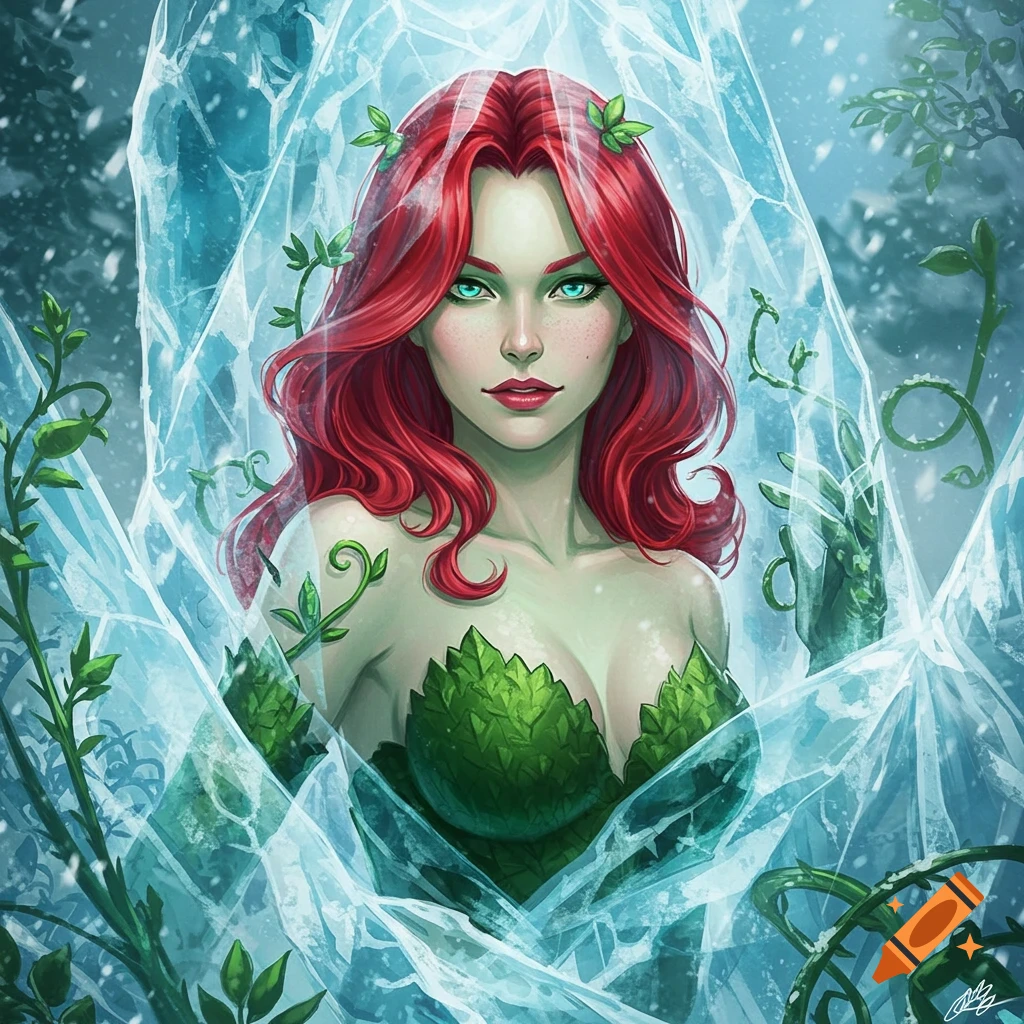 Poison Ivy with red hair and a leaf top, frozen in ice with green vines, in a vibrant comic book illustration style.