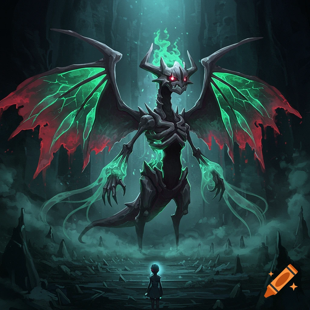 A large, skeletal ghost dragon with glowing green and red wings stands over a small, glowing figure in a dark, eerie fantasy landscape.