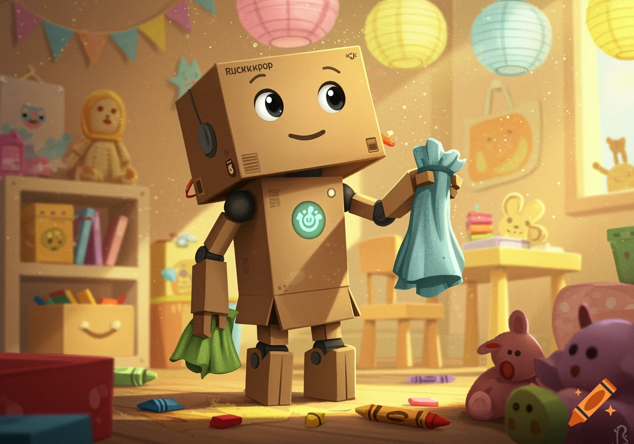 A friendly cartoon robot made of cardboard tidies a colorful kids' room, holding blue and green cloths.