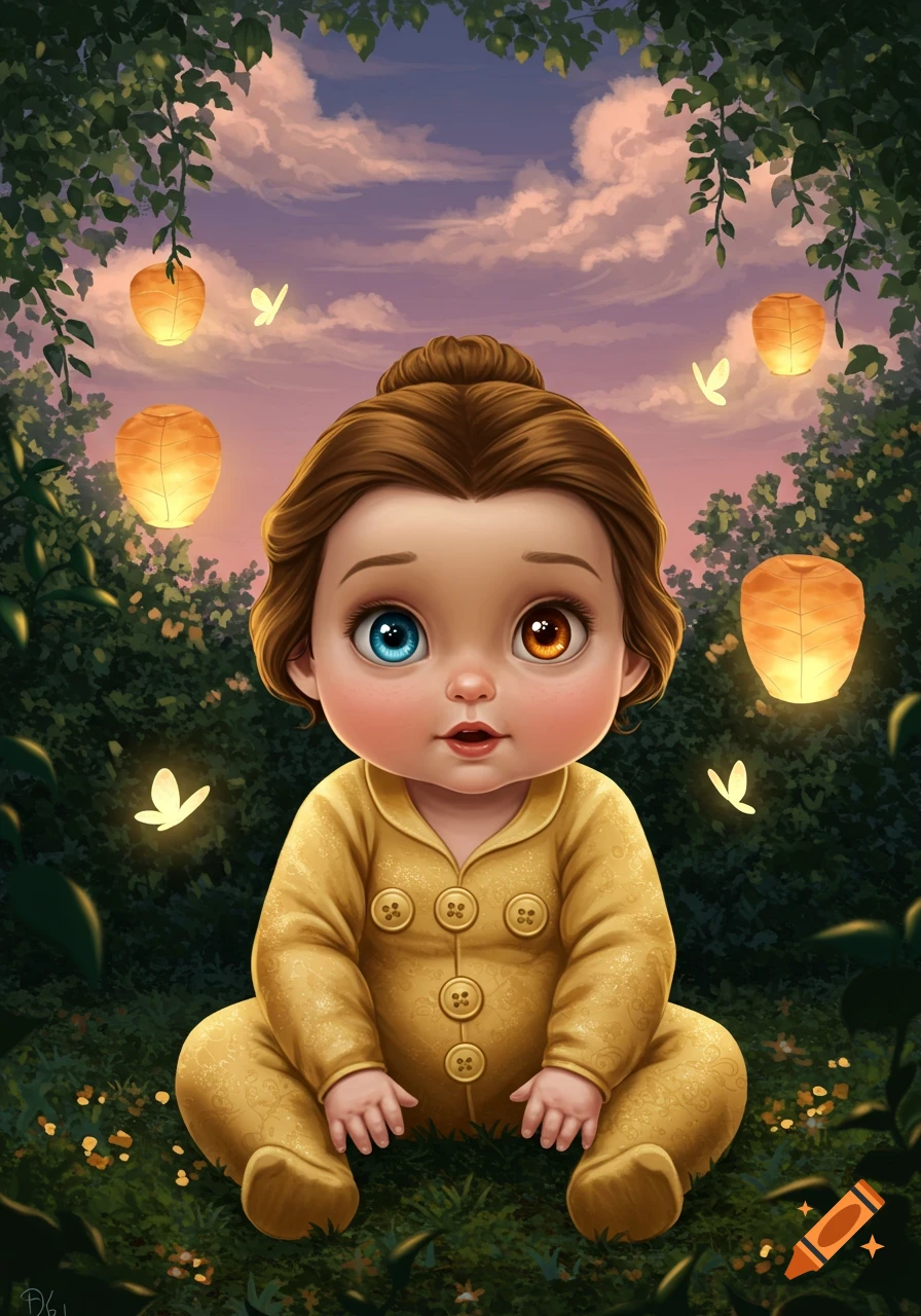 Digital illustration of a cute baby with heterochromia in a yellow romper, sitting in grass with glowing lanterns and fireflies at sunset.
