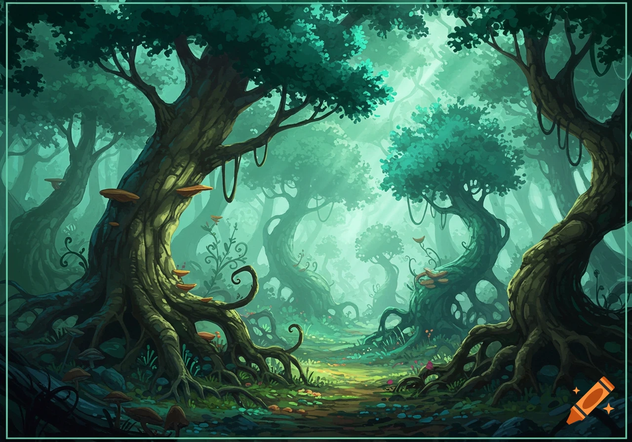 A vibrant fantasy forest with gnarled trees, exposed roots, glowing mushrooms, and shafts of light filtering through the canopy.