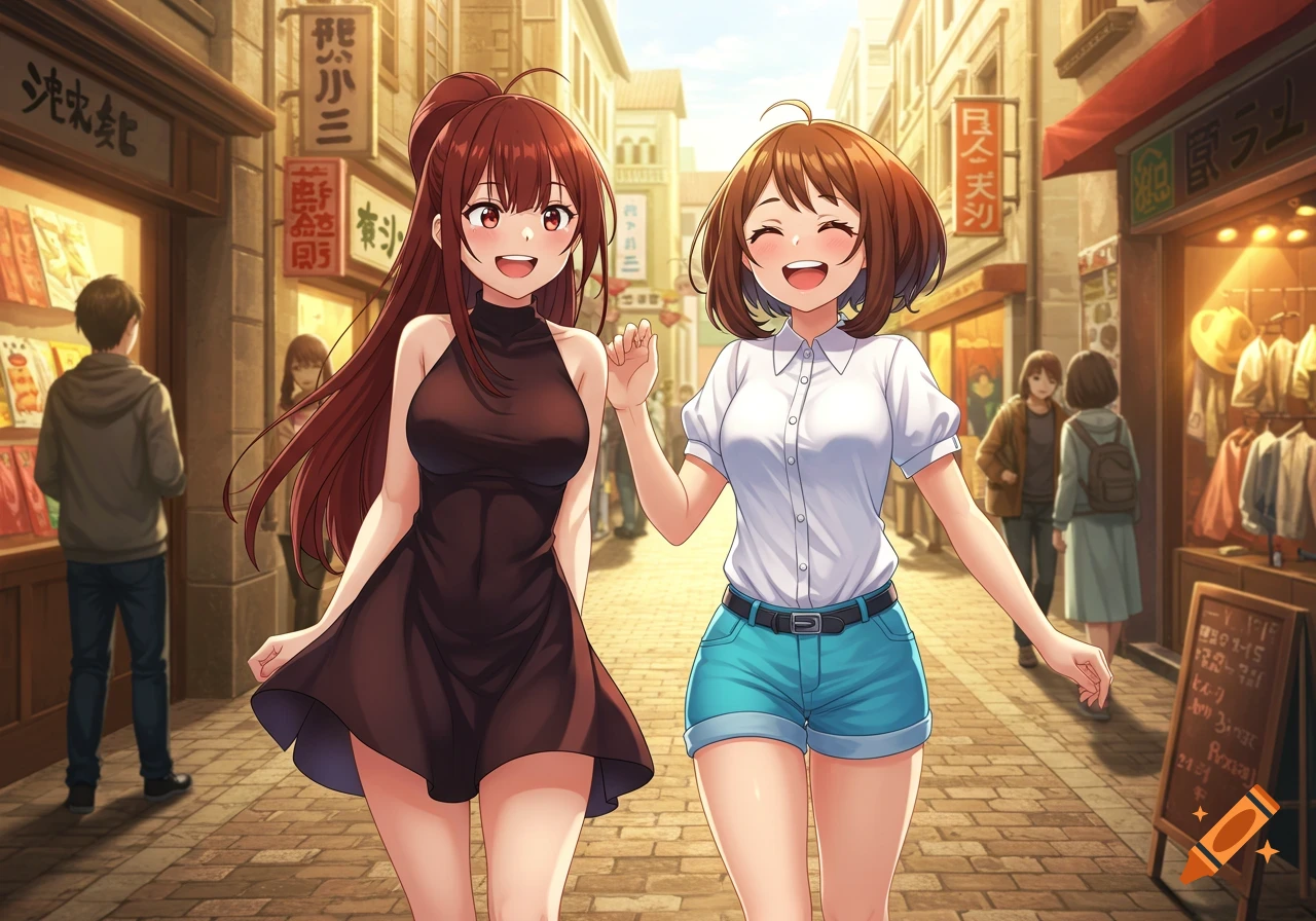 Two anime girls, one with long red hair in a black dress and one with short brown hair, walk and laugh on a bustling city street.