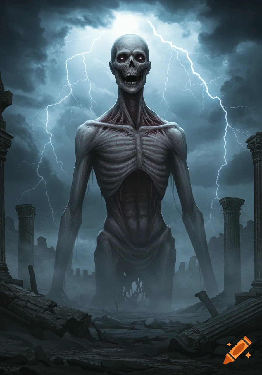 A tall, gaunt skeletal monster with glowing red eyes stands in ruined ancient city under a stormy sky with lightning.