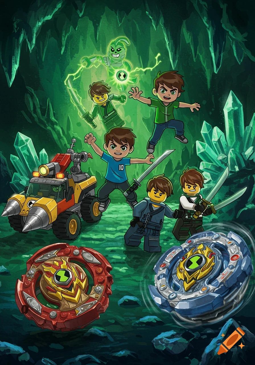 Cartoon Ben 10 and Lego Ninjago characters with a Lego vehicle and Beyblades in a green crystal cave.