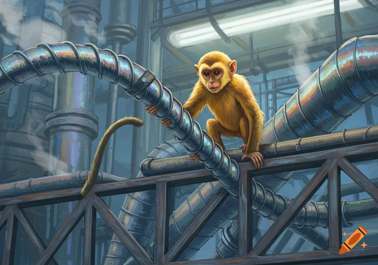 A small brown monkey climbs on a corrugated metal pipe in an industrial facility, surrounded by more pipes.