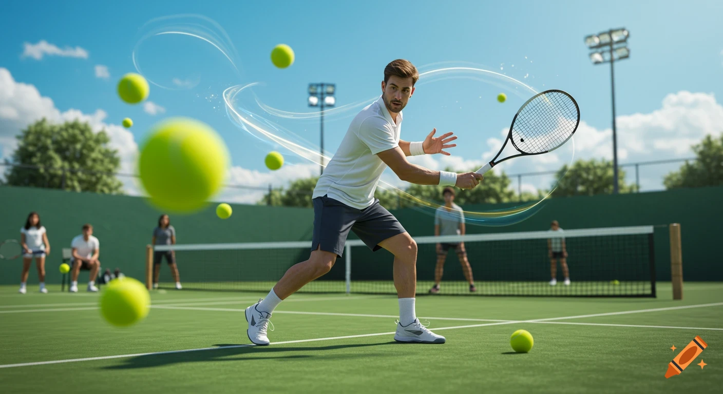 A male tennis player in a white shirt and dark shorts hits a tennis ball on a green court, surrounded by flying tennis balls and light trails.