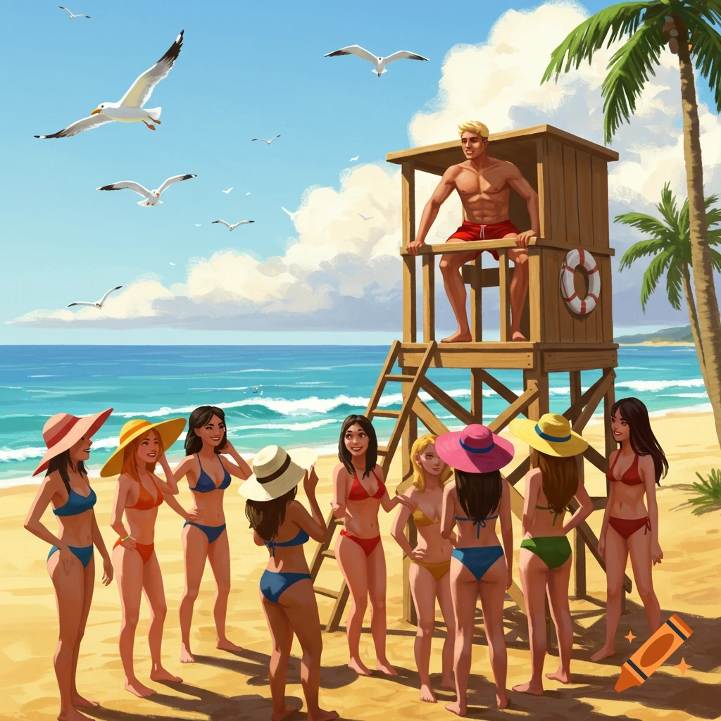 Illustration of women in swimsuits surrounding a lifeguard stand with a shirtless lifeguard on a sunny beach.