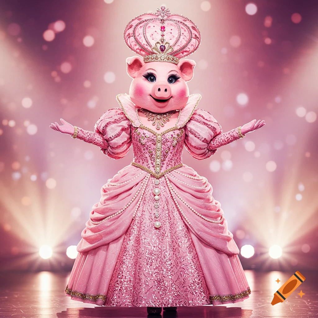 A pink pig character in an elaborate, sparkling pink princess gown and large jeweled crown, standing on a stage with bokeh lights.