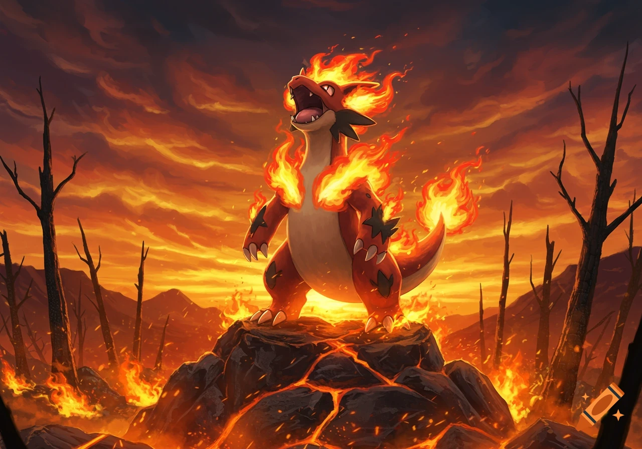 A fire Pok emon roars, engulfed in flames, standing on a volcanic rock in a fiery, desolate landscape under an orange sky.