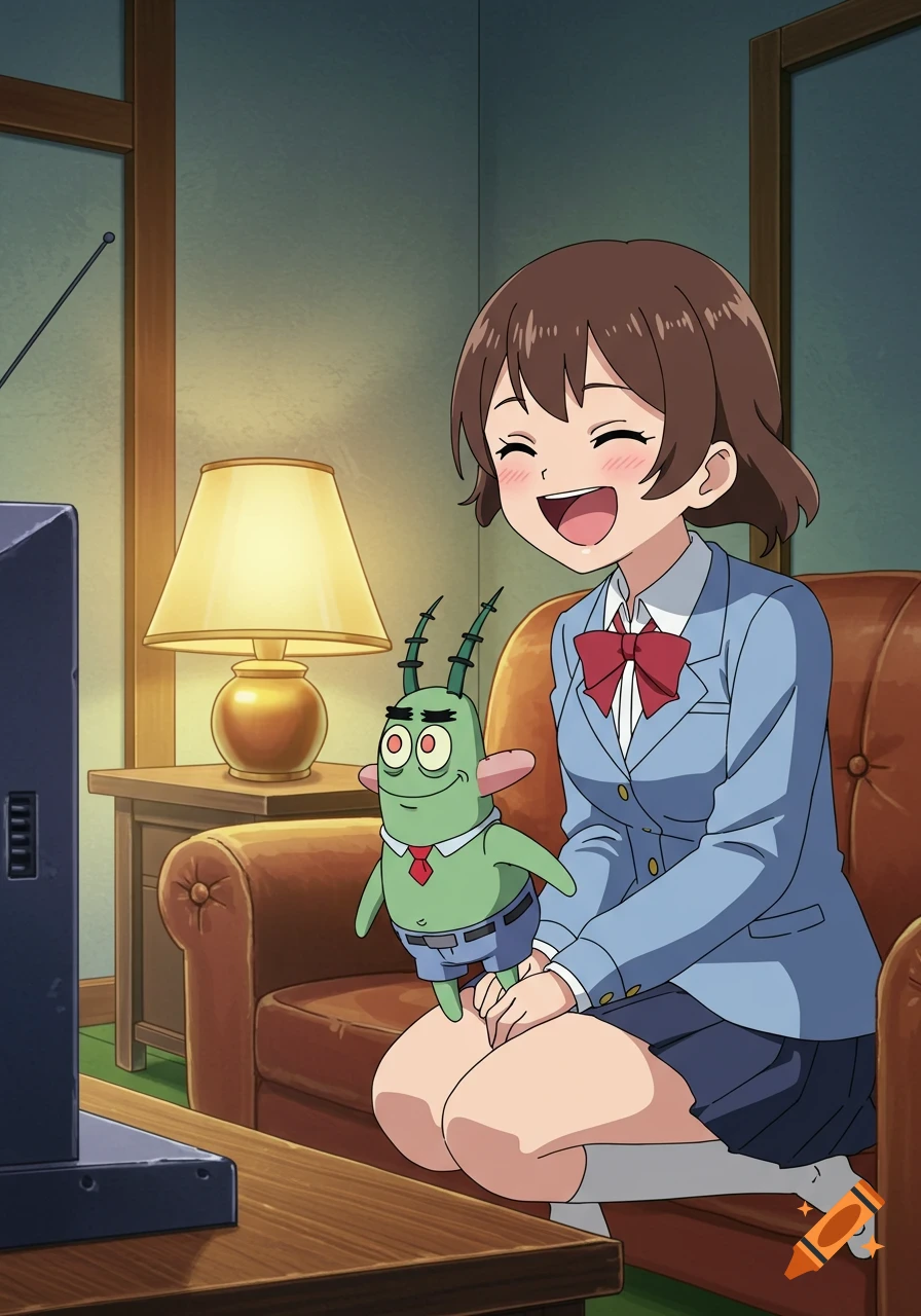 An anime girl with brown hair, wearing a school uniform, sits on a couch next to Plankton, as they both laugh while watching TV in a cozy room.