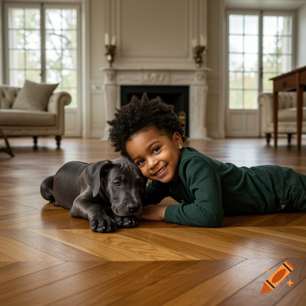 A young boy with an afro lying on a hardwood floor, smiling next to a gray puppy. They are in a grand living room.