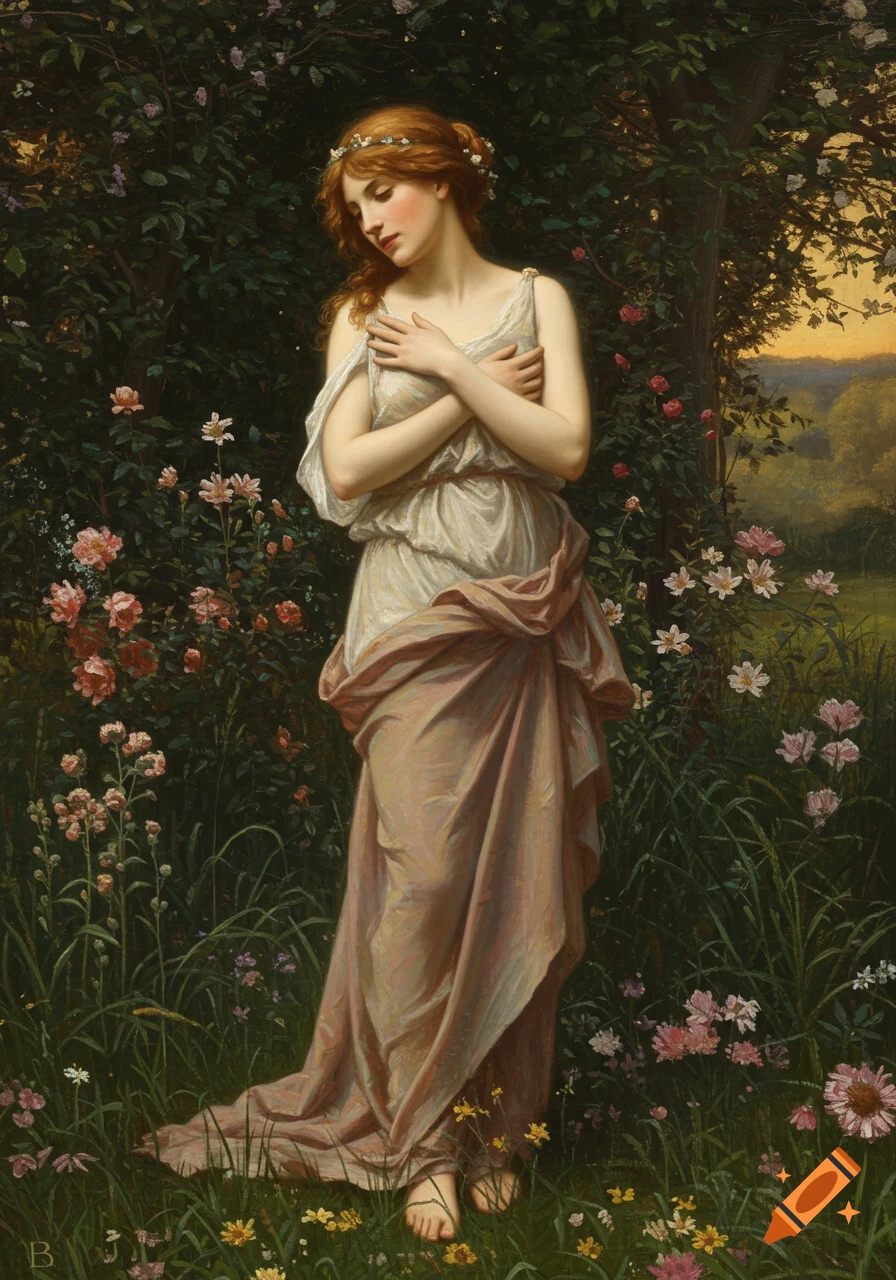 A red-haired woman in a flowing gown stands among flowers in a lush garden, painted in a classical style.