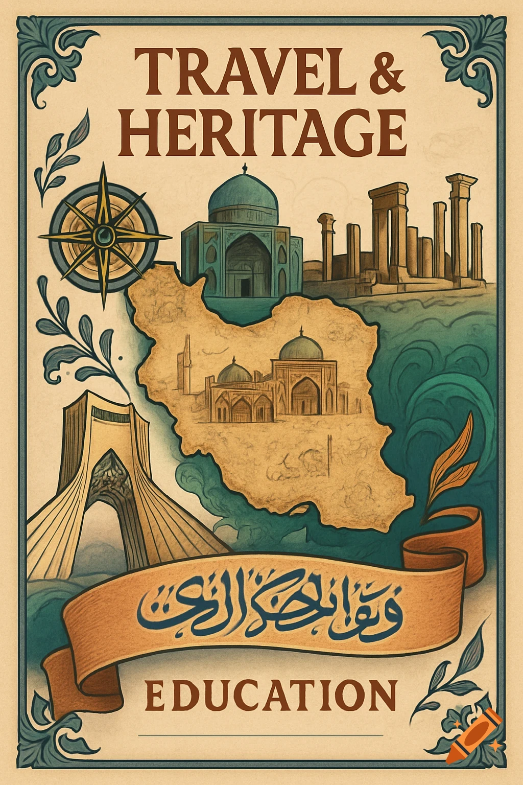 A vintage-style travel and heritage poster featuring a map of Iran with landmarks like the Azadi Tower, mosques, and ruins. Text reads "TRAVEL & HERITAGE" and "EDUCATION" with Arabic script on a banner.